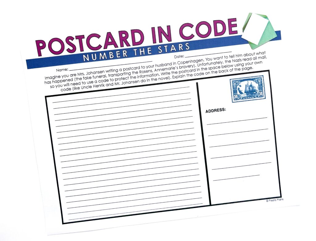 An encoded postcard activity encourages students to think creatively about Number the Stars