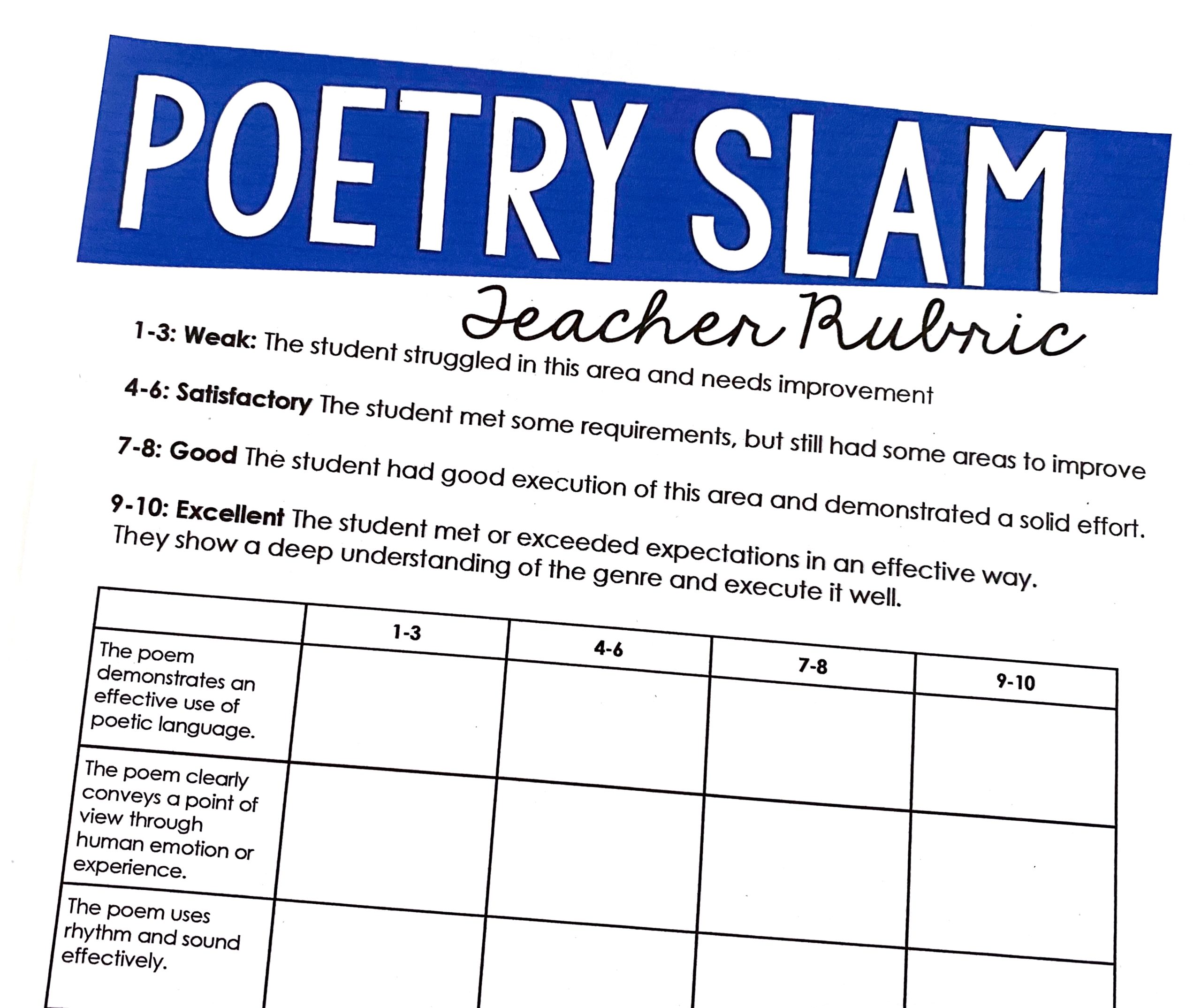 Hosting a Poetry Slam Teacher Grading Rubric