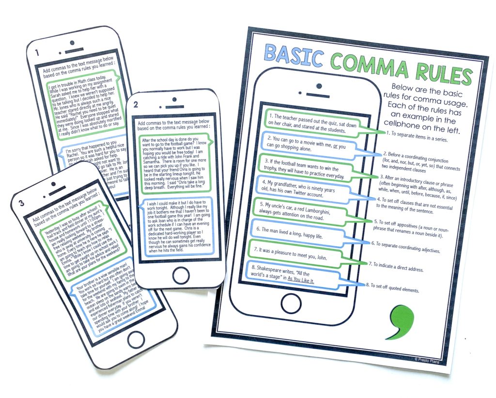 teaching basic comma rules is easy with this texting themed free resource