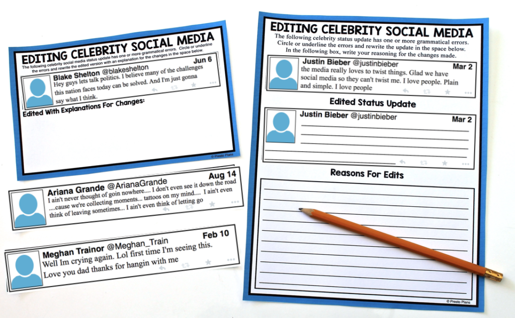 Editing Celebrity Social Media Grammar Activities