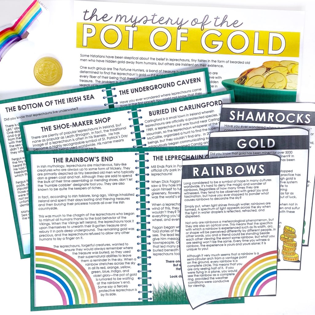 Students must comb through legends about leprechauns, as well as St. Patricks Day facts, in this reading mystery activity
