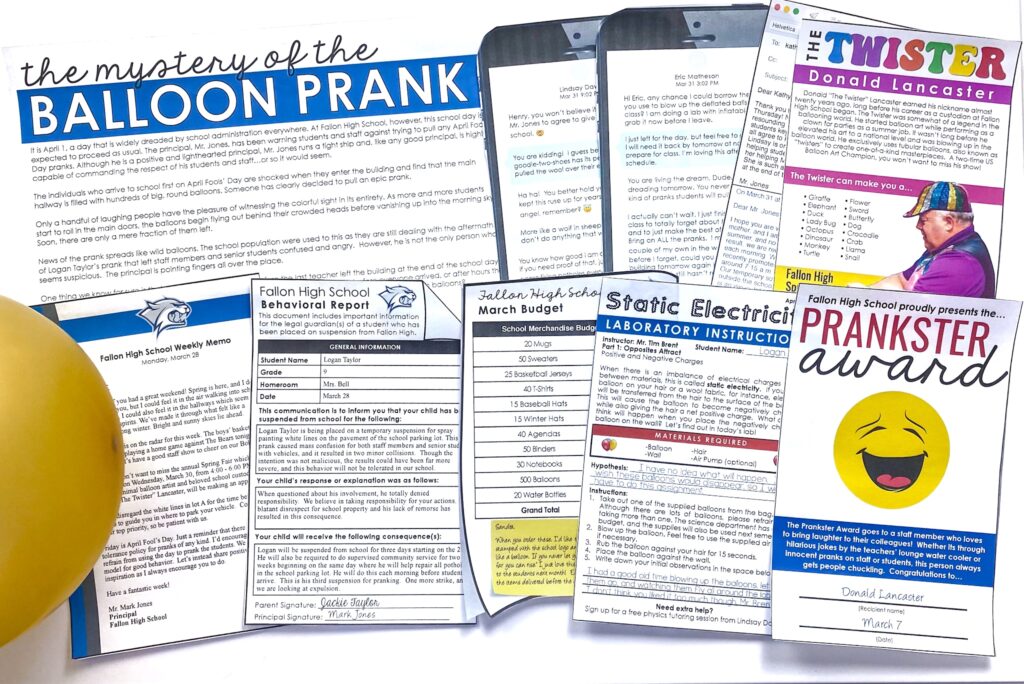 Use this balloon prank reading mystery to celebrate April Fools' Day in middle school ELA.