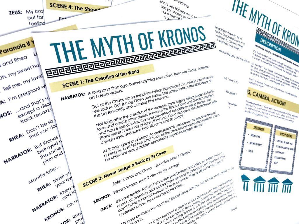 Working collaboratively, middle school ELA students can present and share a dramatic retelling of the Myth of Kronos.