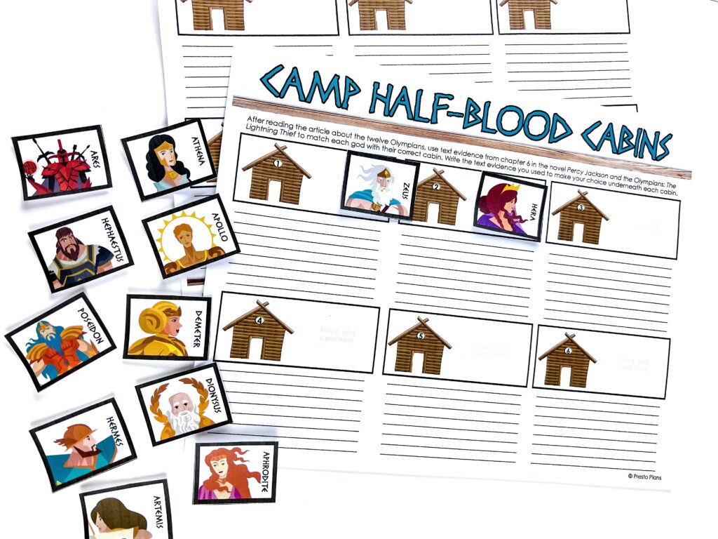 In this activity, students match the Camp Half-Blood cabins to the correct Greek god or goddess.