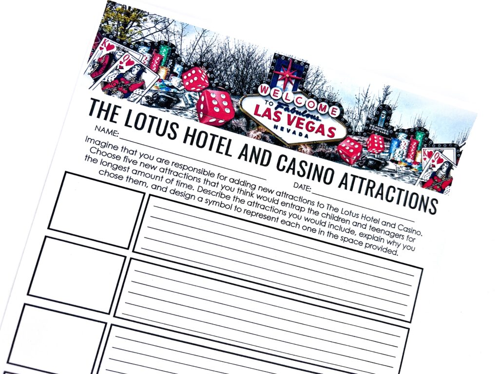 Students use the graphic organizer to design their own attractions for the Lotus Hotel and Casino.