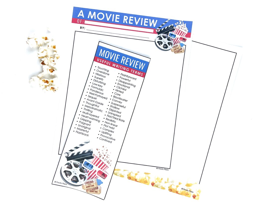 Writing a Movie Review in ELA Activity Useful Writing Terms