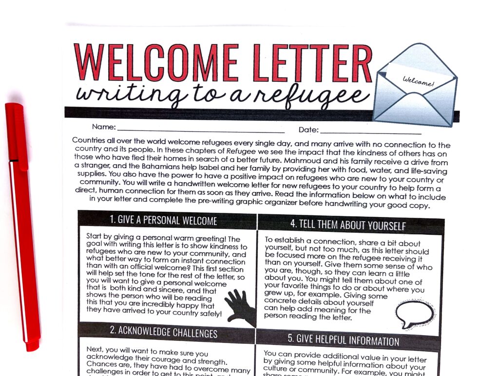 Build empathy when teaching Refugee by Alan Gratz through a welcome letter assignment.