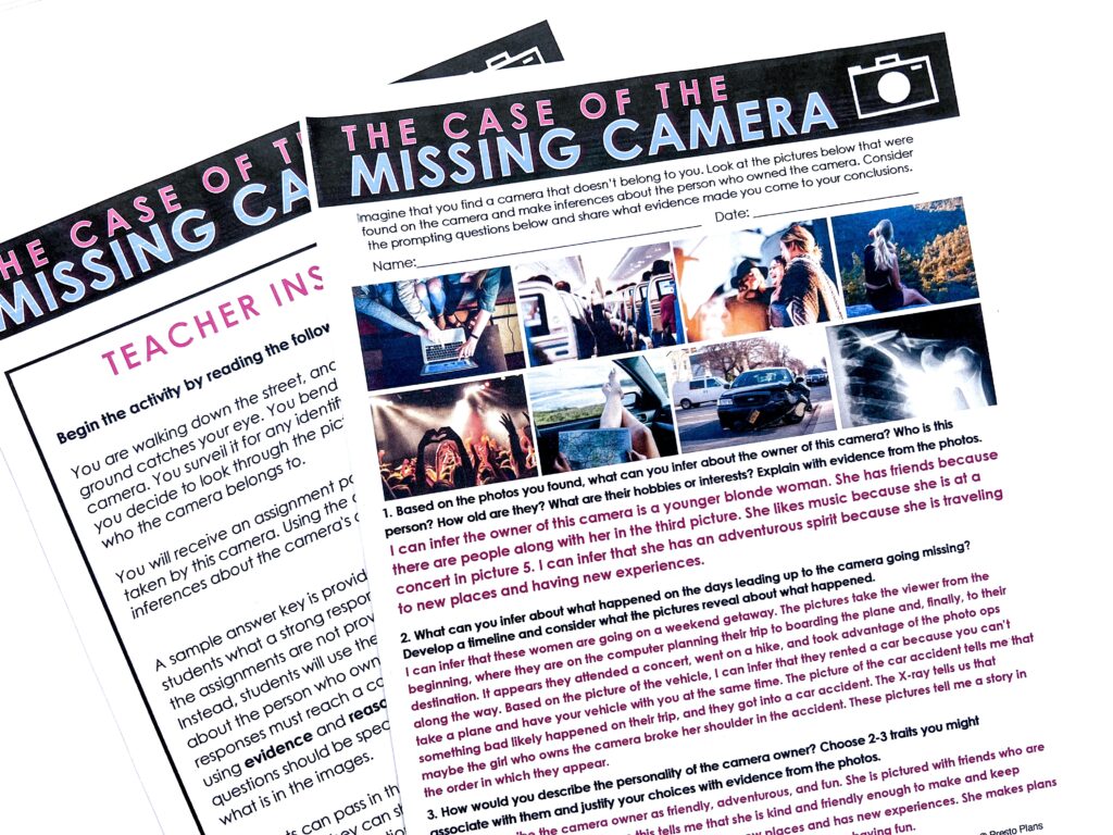 Help your visual learners develop their inference skill with this missing camera activity.