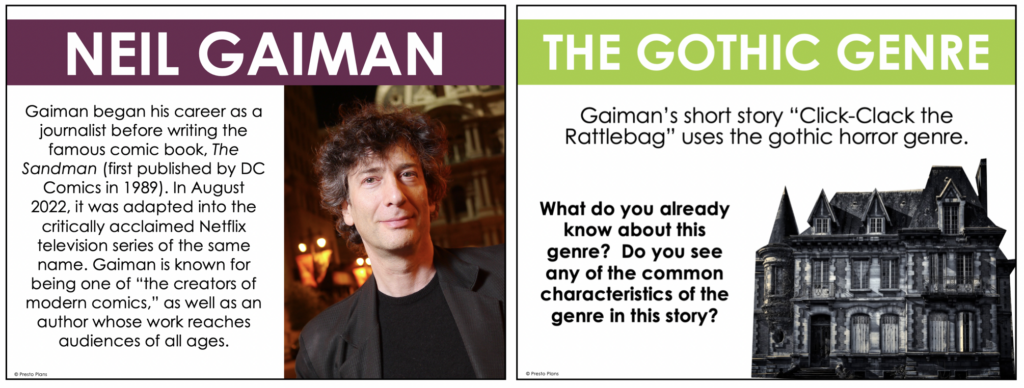 Begin teaching "Click-Clack the Rattlebag" with some background information on Neil Gaiman and the gothic horror genre.