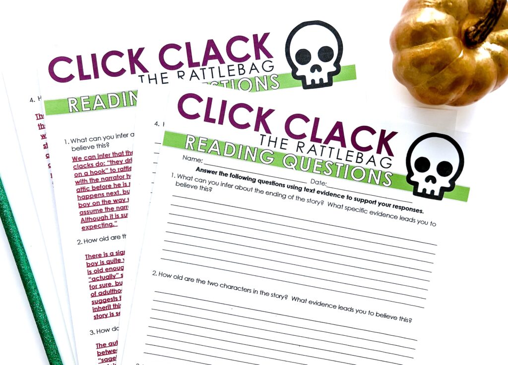 Reading comprehension questions are a key component of a "Click-Clack the Rattlebag" lesson plan.