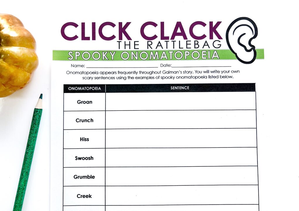 A spooky onomatopoeia activity can be a fun way to extend a lesson when teaching "Click-Clack the Rattlebag."