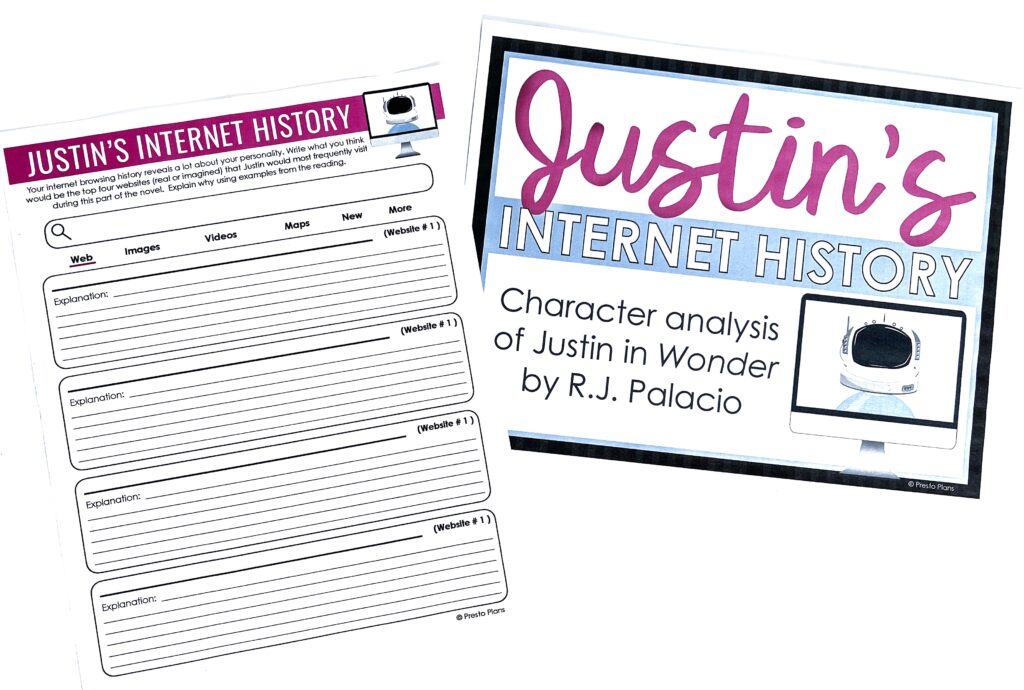 Imagining Justin's internet history is an effective way to teach character analysis for Wonder by R.J. Palacio.