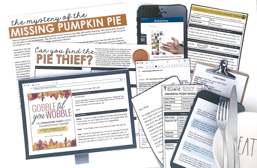 Closely reading a range of evidence, including text messages, emails, and other engaging sources, will help middle school ELA students solve the mystery!