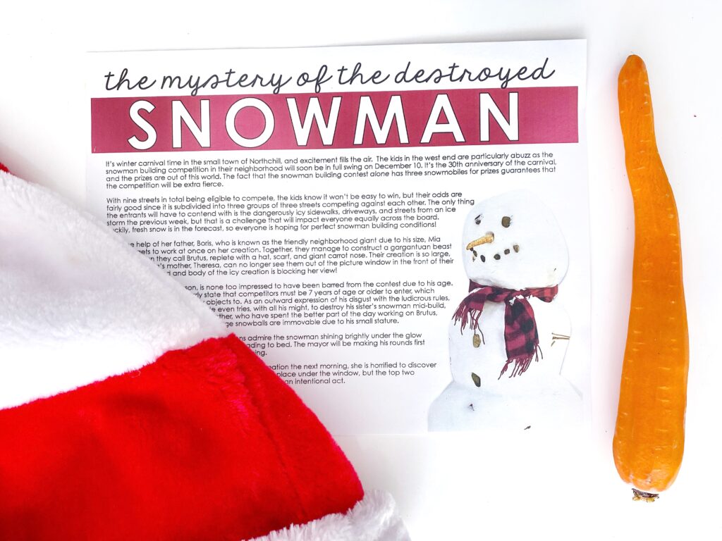 Set the scene for the Snowman Reading Mystery by sharing the backstory with your middle school ELA students