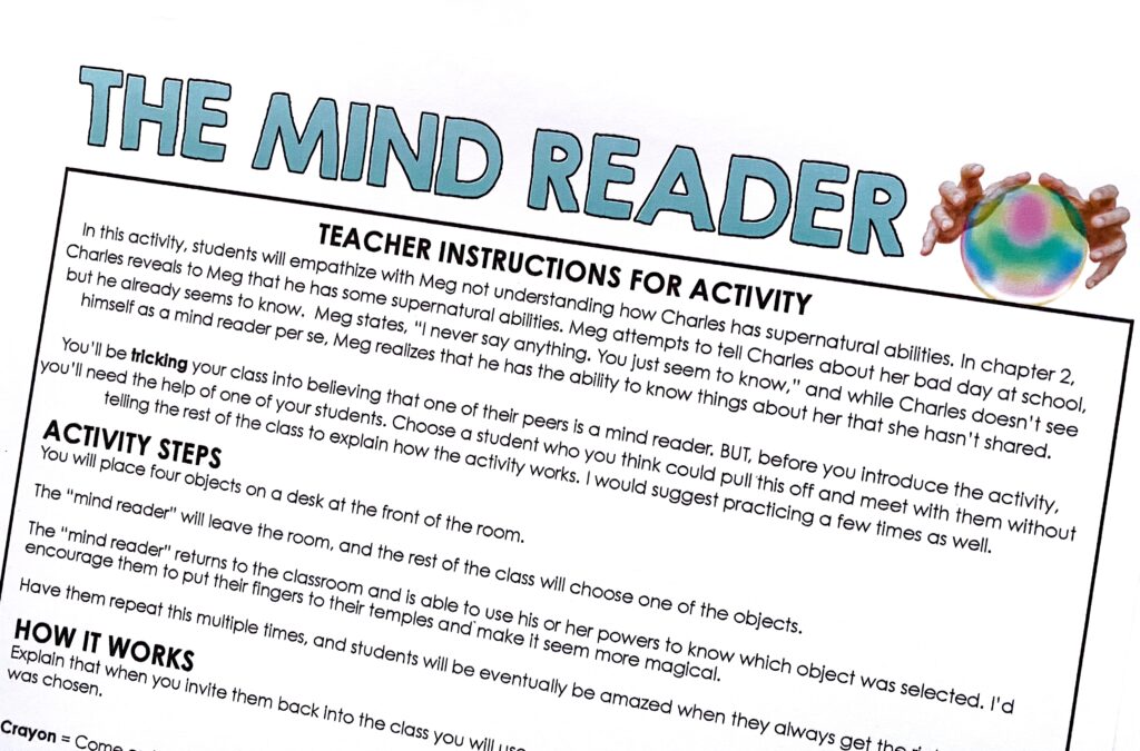 Introduce A Wrinkle in Time to middle school ELA students with a fun Mind Reader activity!