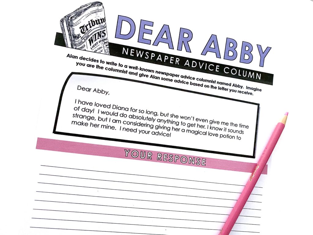 As a wrap-up activity when teaching "The Chaser" by John Collier, students can write a "Dear Abby" style advice column to Alan, the main character of the story.