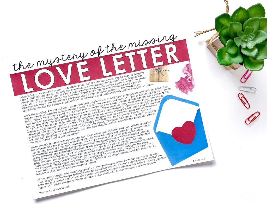 Set the scene with the backstory for the Love Letter Reading Mystery - the perfect Valentines Day lesson for middle school ELA class!