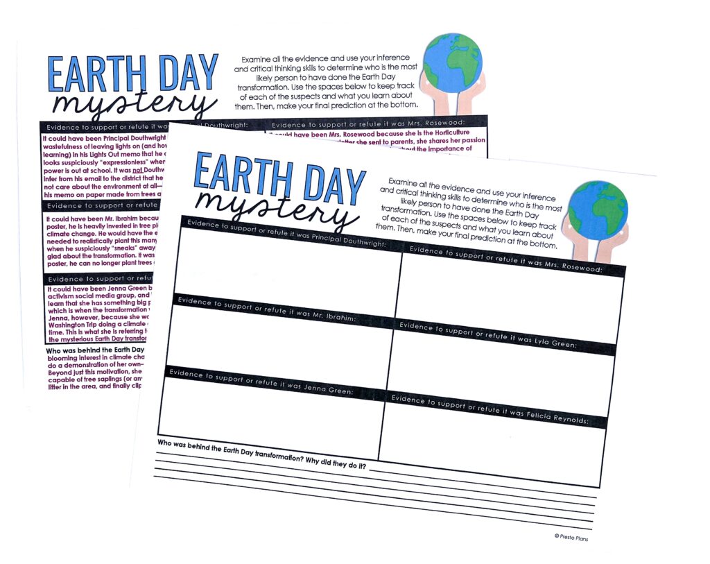 A provided graphic organizer helps students keep track of the clues in the Earth Day Reading Mystery lesson.