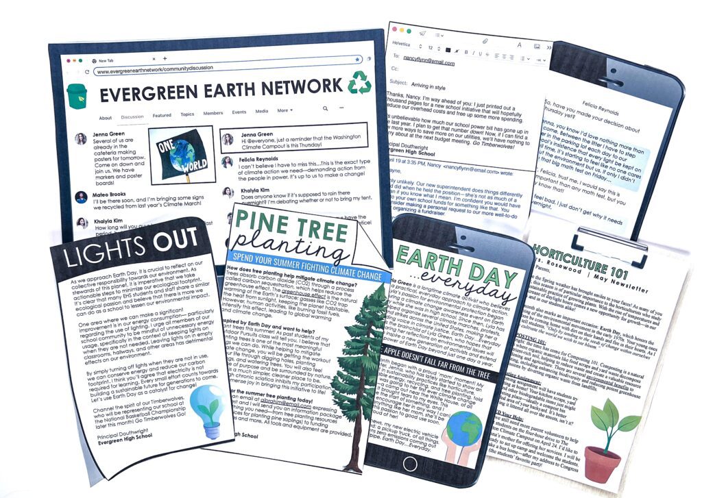 Students comb through a variety of evidence to solve the Earth Day Reading Mystery.