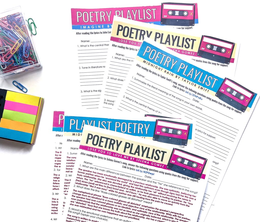 Students will love analyzing poetry they are already familiar with in the form of popular songs!
