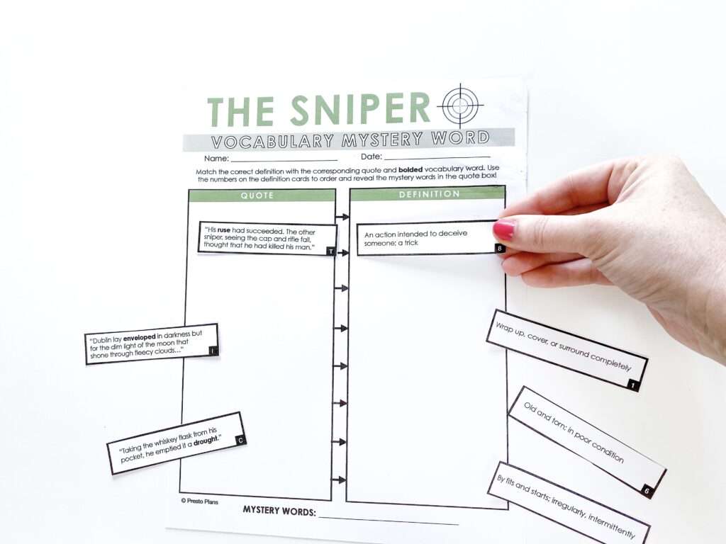 Help students understand the complex vocabulary in "The Sniper" with this hands-on activity