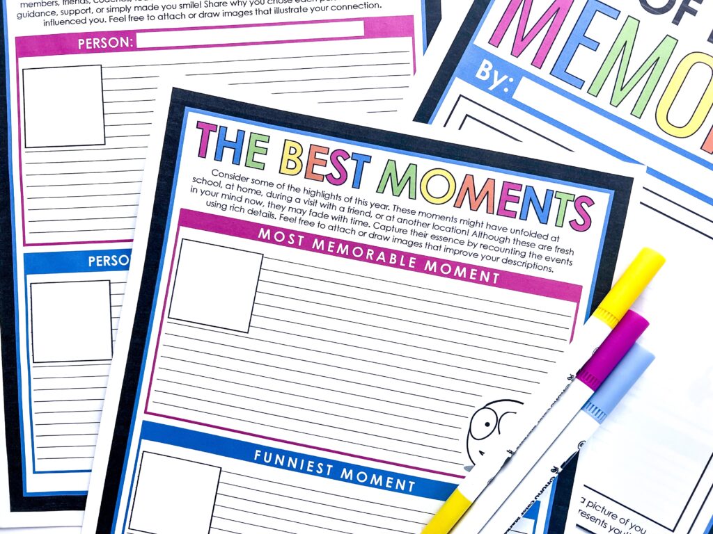 The provided graphic organizers encourage students to reflect on their best moments of the year.
