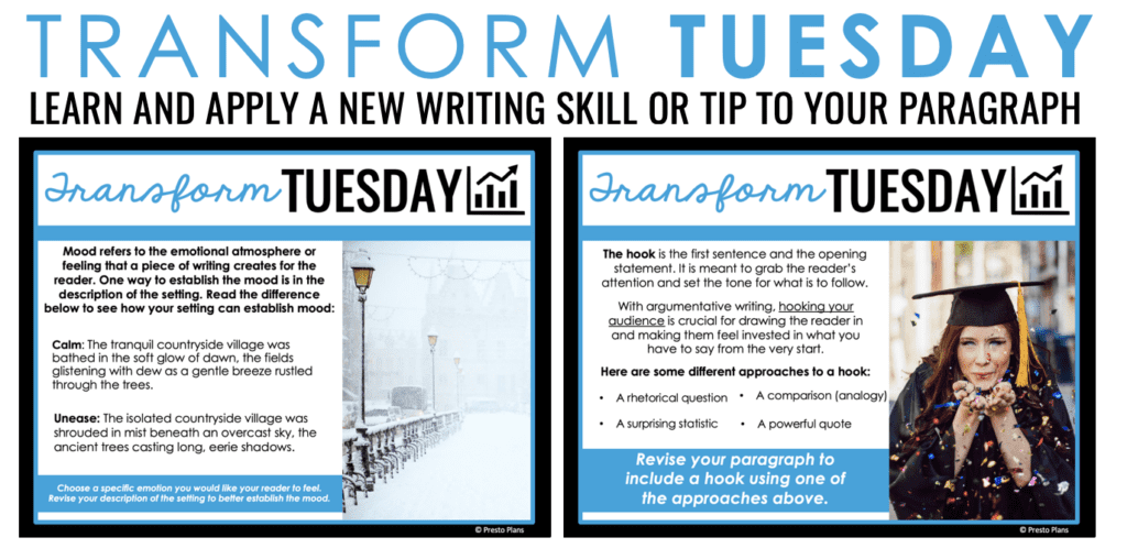 On Tuesdays, the Paragraph of the Week program encourages students to apply a new writing skill.