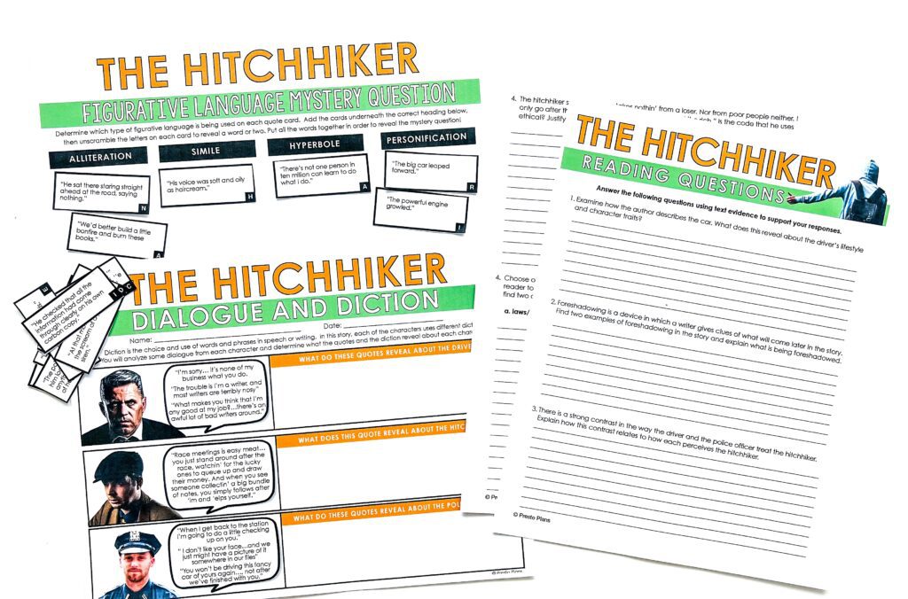 Reading questions and activities support middle school students with comprehension when teaching "The Hitchhiker" by Roald Dahl.