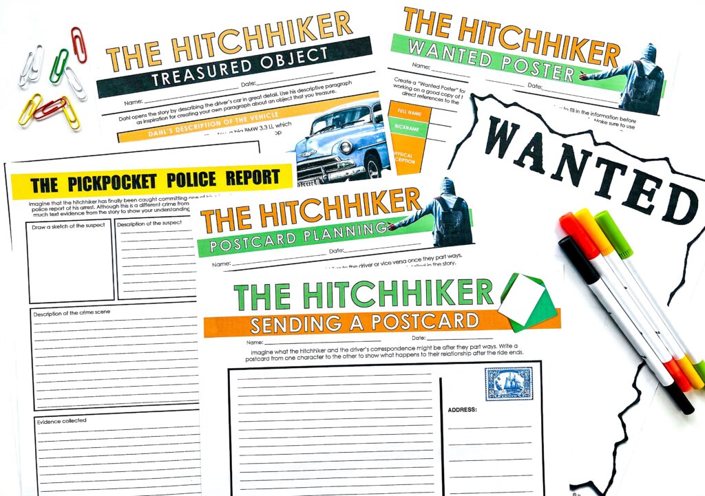 Creative activities for teaching "The Hitchhiker" by Roald Dahl.