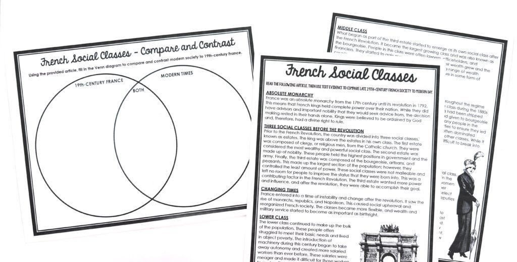 A Venn diagram can help students track similarities between society in 19th-century France and the present day.