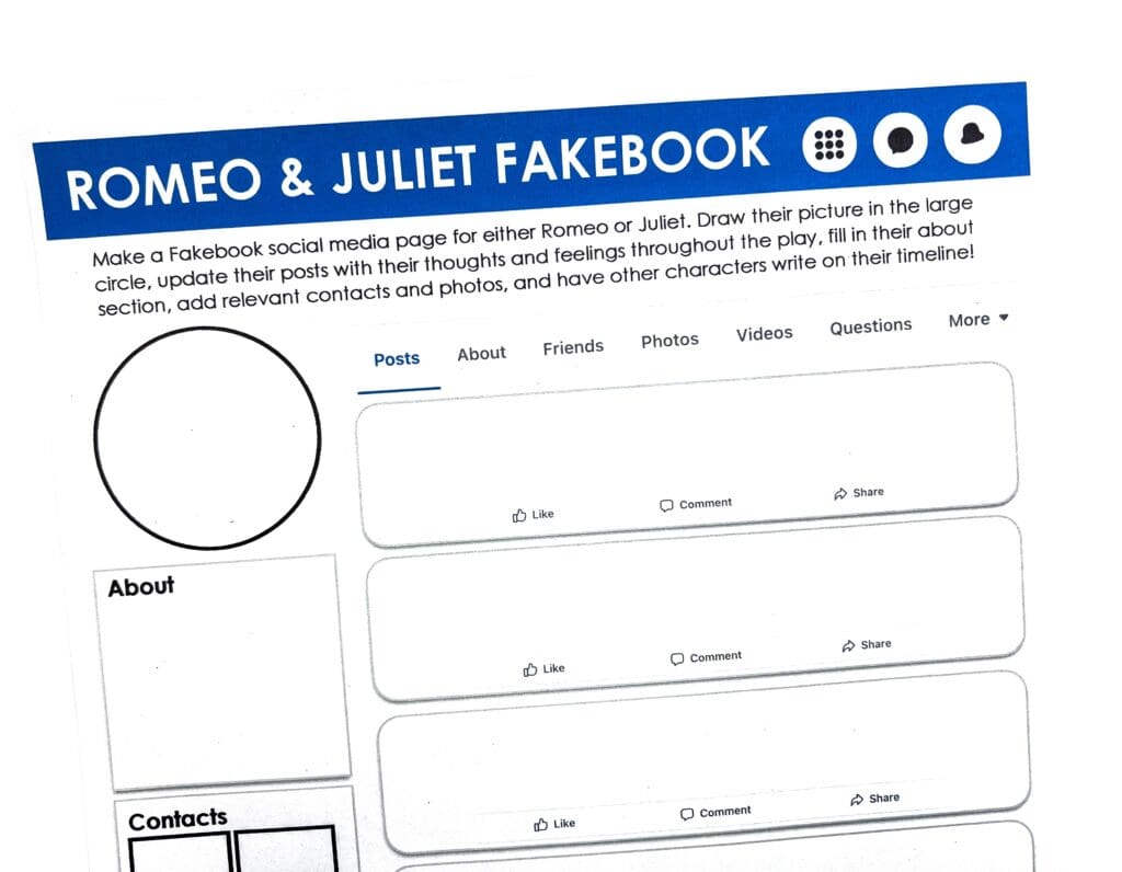 Create a "Fakebook" profile for Romeo or Juliet in this creative teaching activity.
