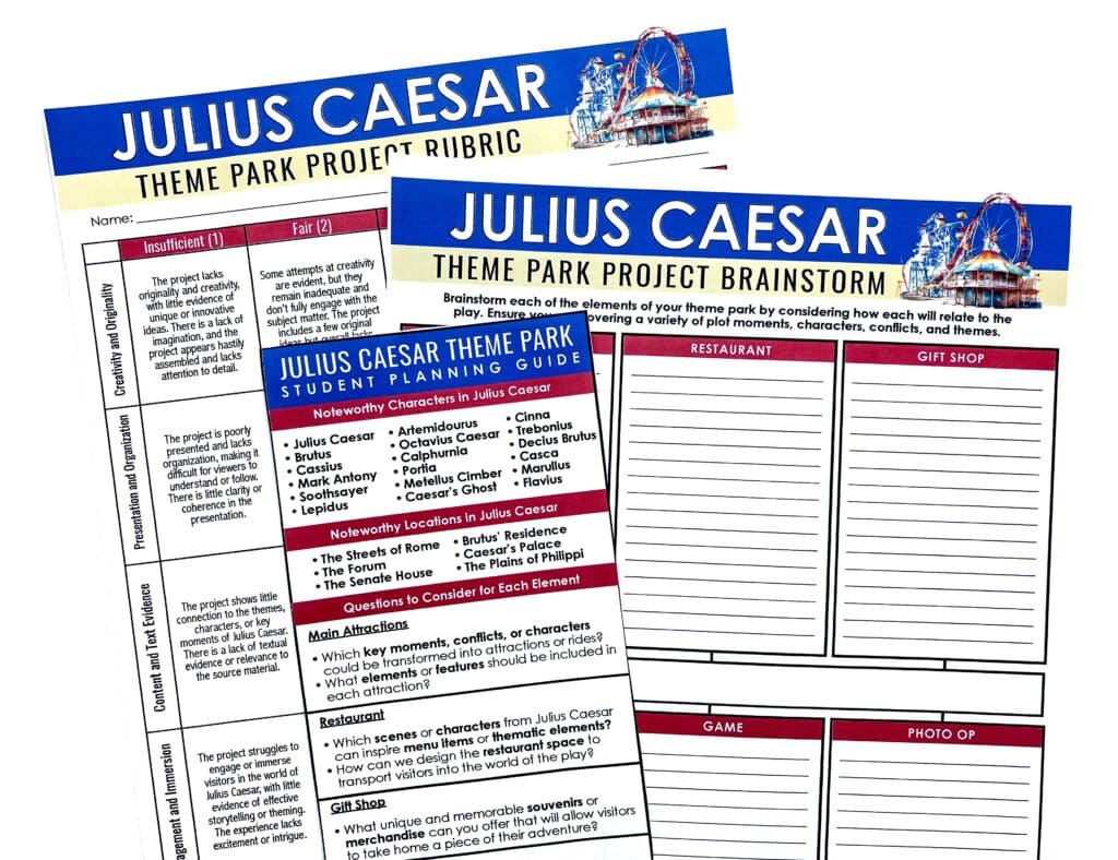A creative theme park design task, incorporating elements of Julius Caesar, can be an engaging final project for students.