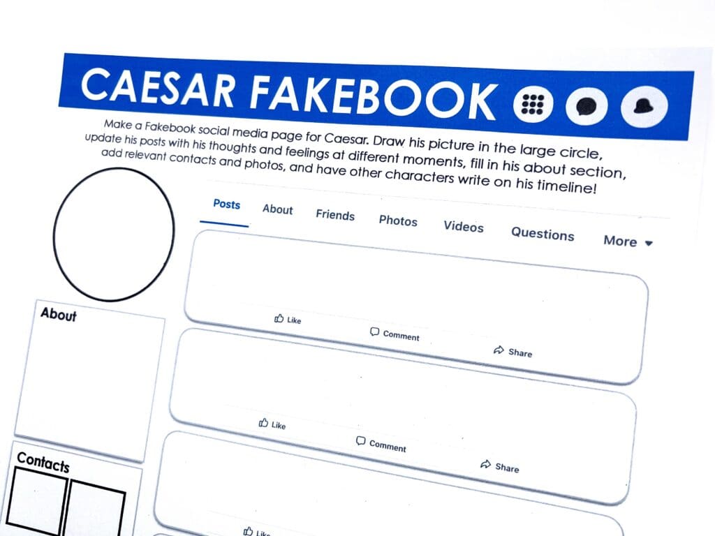 Students imagine how Julius Caesar would portray himself online in this engaging character analysis task.