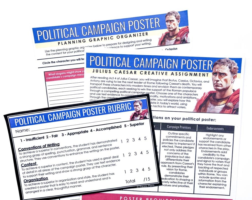 A creative political campaign poster task can be used to reinforce characterization when teaching Julius Caesar.