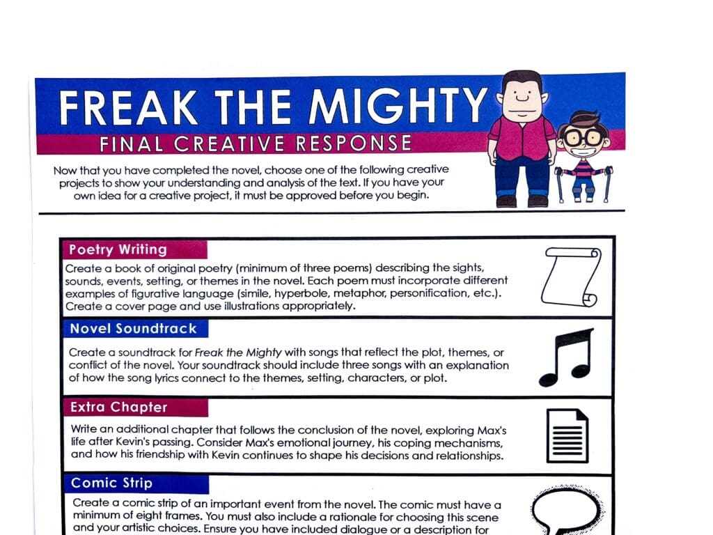 A creative final assignment wraps up your Freak the Mighty novel study, while incorporating student voice and choice.