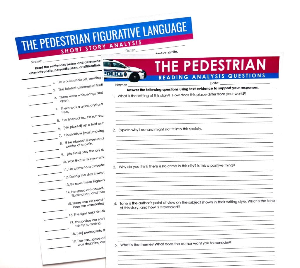 A figurative language task and comprehension questions can be used when teaching "The Pedestrian" by Ray Bradbury to middle or high school ELA students.
