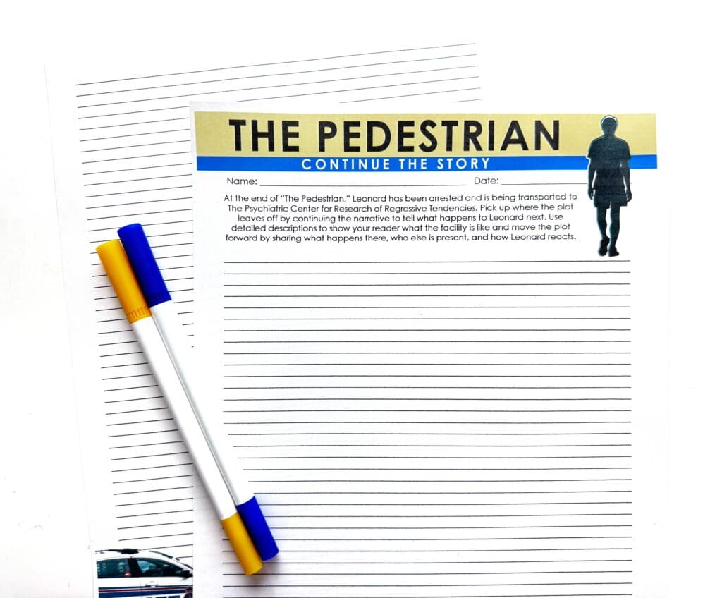 A creative writing activity can be an engaging way for students to showcase their understanding of the characters, tone, and atmosphere of "The Pedestrian" by Ray Bradbury.